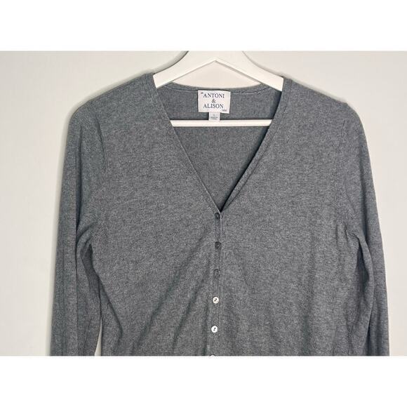 Antoni & Alison Long Sleeve V-Neck Button Front Cardigan Sweater Gray Women's L - Picture 2 of 6